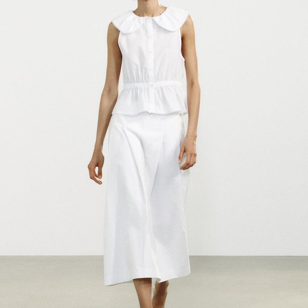 Zara White Pleated Midi Skirt - Size Large - Organic Cotton - Minimalist Chic - Picture 3 of 11